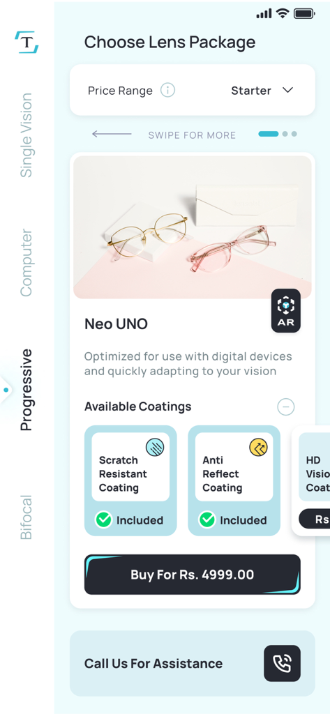 Titan Eye+: Eyeglasses Online - Titan Eye Plus mobile app interface for choosing progressive lens packages with Neo UNO frames