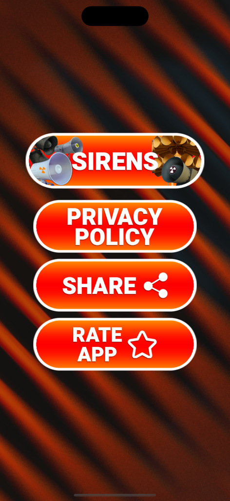 空襲サイレン音アプリのメインメニュー。サイレン、プライバシーポリシー、共有ボタンが表示されています。