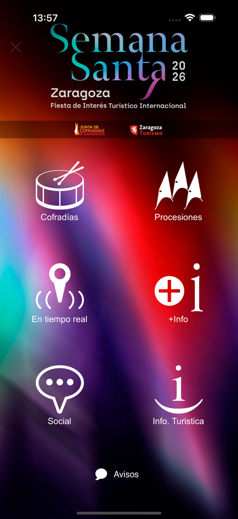 sSantaZgz - Main menu of the sSantaZgz app for Semana Santa Zaragoza 2026 with navigation icons for processions and brotherhoods