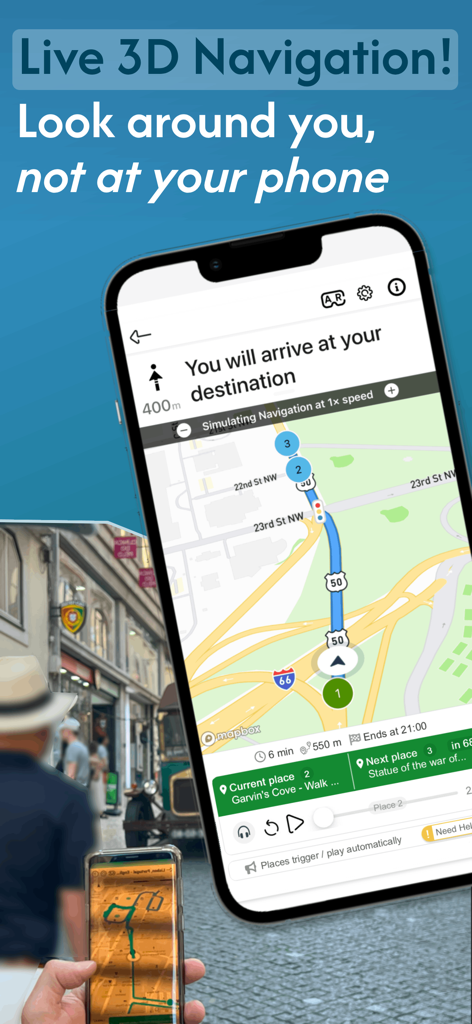 UCPlaces | Your tour guide app - UCPlaces App-Bildschirm zeigt 3D-Navigation für eine selbstgeführte Wandertour mit einer Karte und Audiotour-Steuerelementen