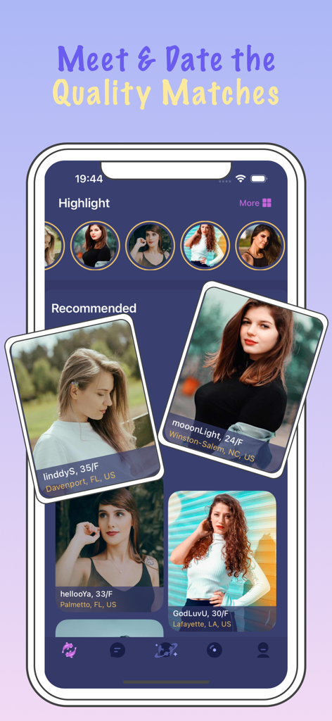 Christian Dating app - CMeet - Interface of the CMeet Christian dating app showing recommended and highlighted profiles of singles.