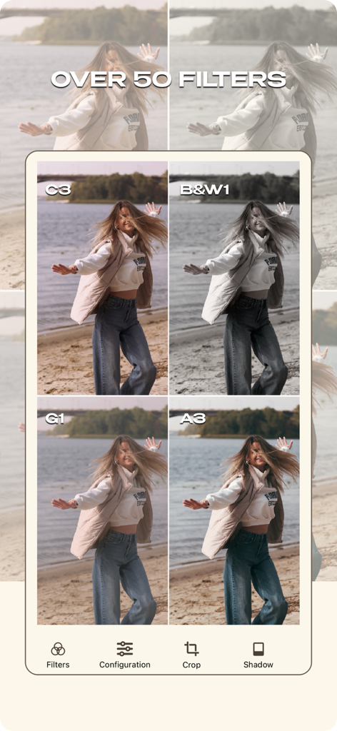 Interfaz de la aplicación editor de fotos MULI mostrando más de 50 filtros estéticos con una vista previa dividida en cuatro pantallas