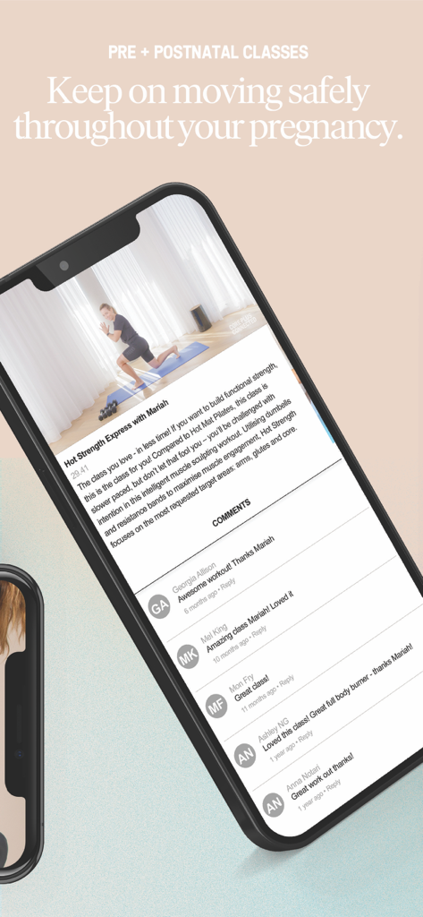 Interfaz de la app CorePlus Connected mostrando clases de entrenamiento prenatal y posnatal con reseñas de la comunidad de usuarios.