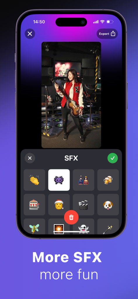 ClipClap: Video Clips Editor - ClipClap 앱 인터페이스, 동영상 편집을 위한 SFX 및 스티커 선택 화면 표시