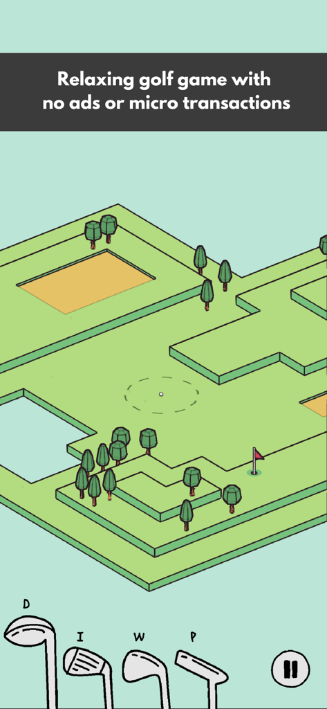 Cozy Golf - A relaxing minimalist golf gameplay screen with hand-drawn isometric course design.