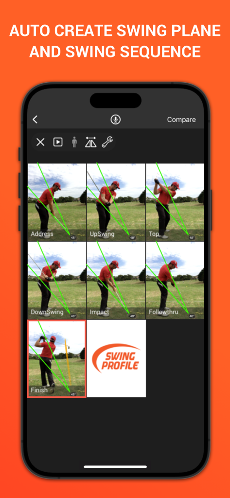Mobile app interface showing automated golf swing sequence with swing plane lines from address to finish.