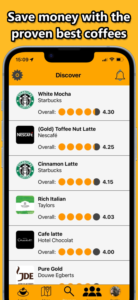 A smartphone screen showing the Bean app discover section with a ranked list of coffee drinks and their user ratings.