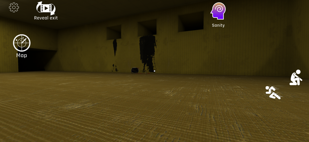 Backrooms Anomaly - First person view of an empty yellow room with black stains in the Backrooms Anomaly horror game