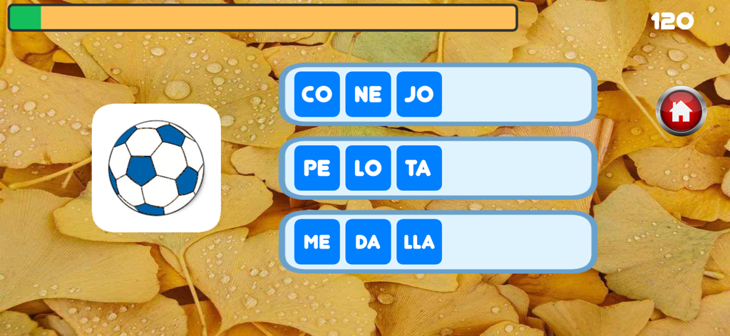 Sílabas y palabras Pro - Interfaz de una aplicación educativa en español que muestra un balón de fútbol y opciones de sílabas para la palabra pelota