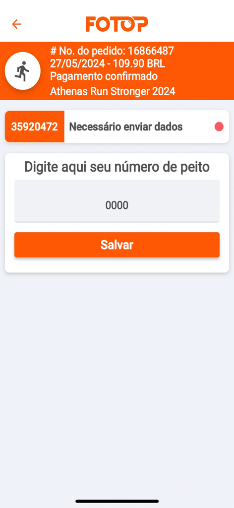 Interface of the Fotop app where runners enter their bib number to retrieve race photos.