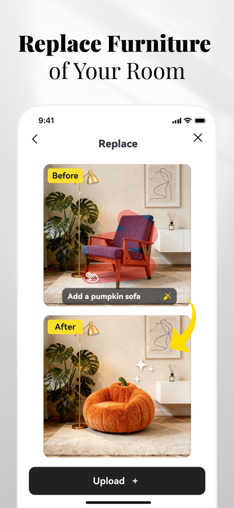 リビングルームでのAI家具交換機能のビフォーアフターデモンストレーション。