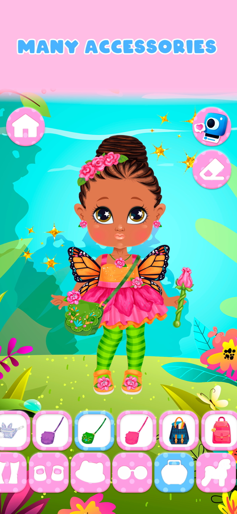 Dress up: games for girls - A cute doll with butterfly wings and various bag accessories in a dress-up game