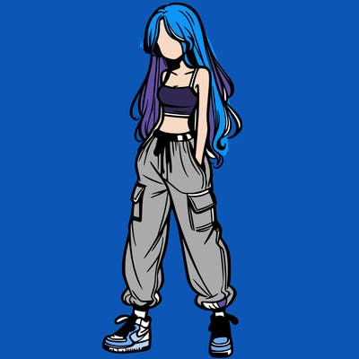 girl in baggy pants crop top and long hair