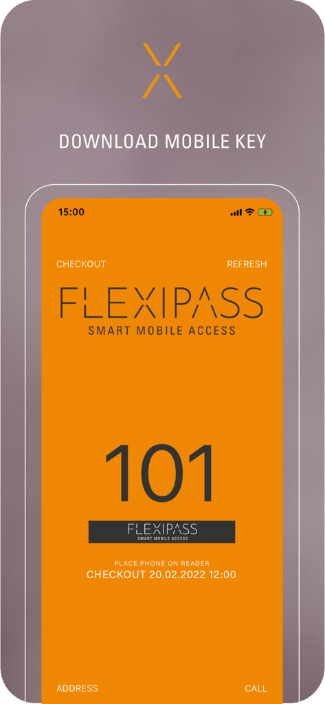 Interfaz de la aplicación FLEXIPASS que muestra una llave de habitación de hotel digital para la habitación 101