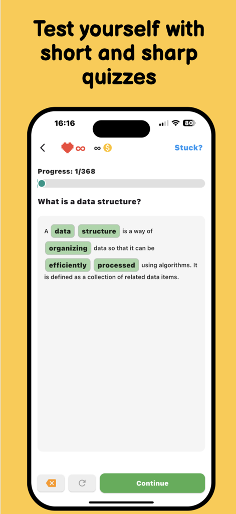 StudyHub - Schermata di quiz interattiva nell'app StudyHub che chiede cos'è una struttura dati con un tracker di progresso e un'interfaccia elegante