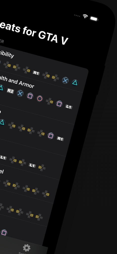 Capture d'écran de l'interface de l'application Codes de triche GTA 5 montrant les boutons de la manette PlayStation pour les codes de triche comme Santé et Armure maximum