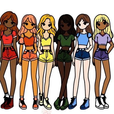a group of girls wearing crop tops and shorts