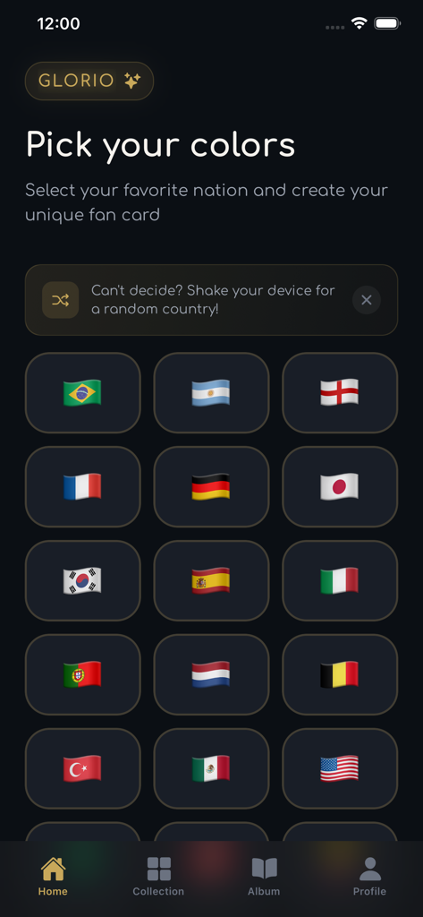 Glorio app interface for selecting a country flag to create an AI fan card