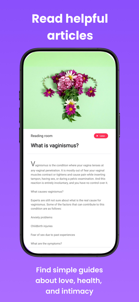 Pleasure: Sexual Wellbeing - Artículo educativo sobre vaginismo en la aplicación Placer con una ilustración floral del útero.