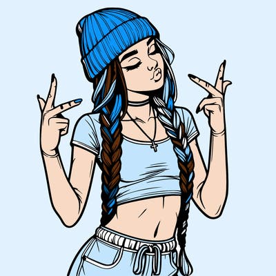 realistic teenage girl with braids and a beanie and crop top doing 🫶🏼