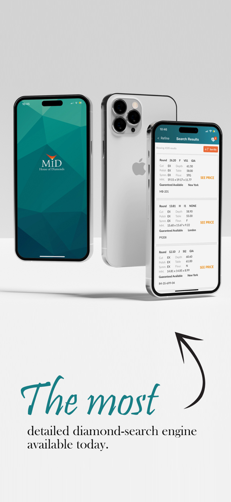 Three iPhones displaying the MID House of Diamonds app splash screen and detailed diamond search results