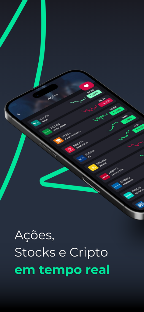 TradeMap: Acompanhe suas ações - Smartphone displaying the TradeMap app interface with real-time stock and crypto market listings and price charts.