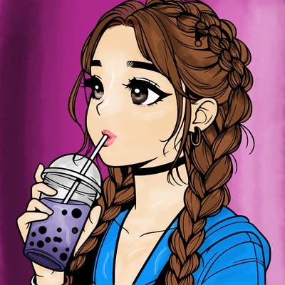 a realistic  teenage girl drinking boba with her hair in braids