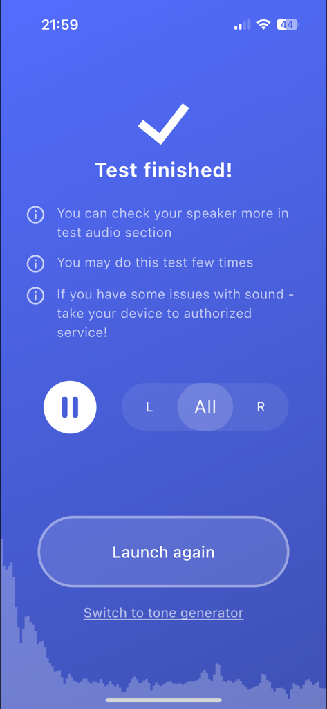 Speaker Wizard app interface showing a completed speaker test with options to relaunch or switch to the tone generator.