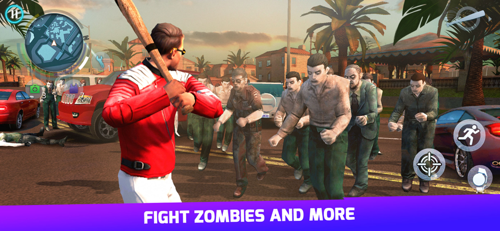 A character holding a baseball bat facing a crowd of zombies on a city street in Gangstar Vegas.