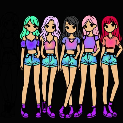 a group of girls wearing crop tops and shorts