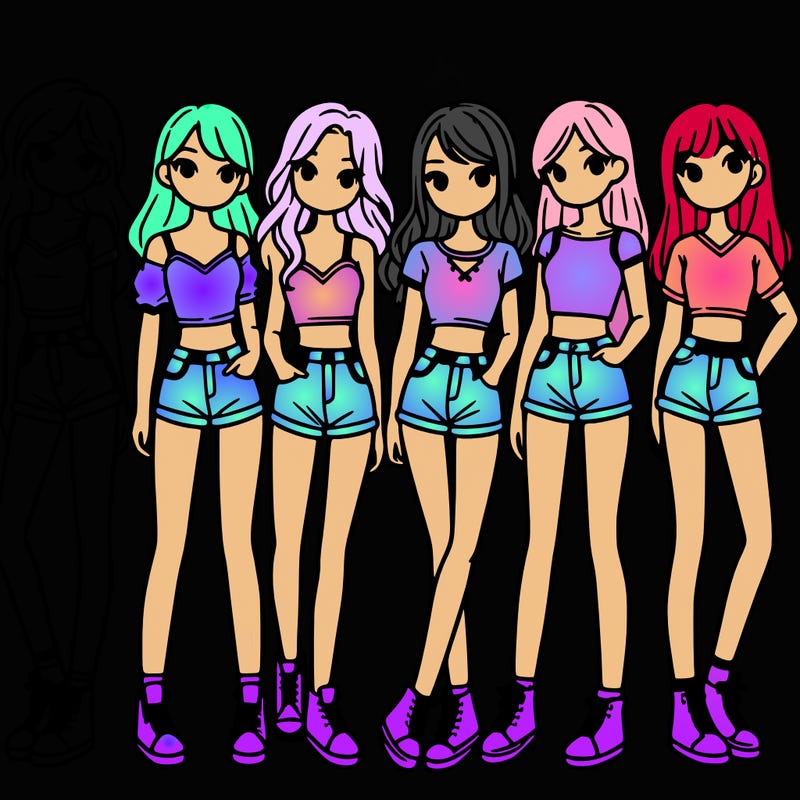 a group of girls wearing crop tops and shorts