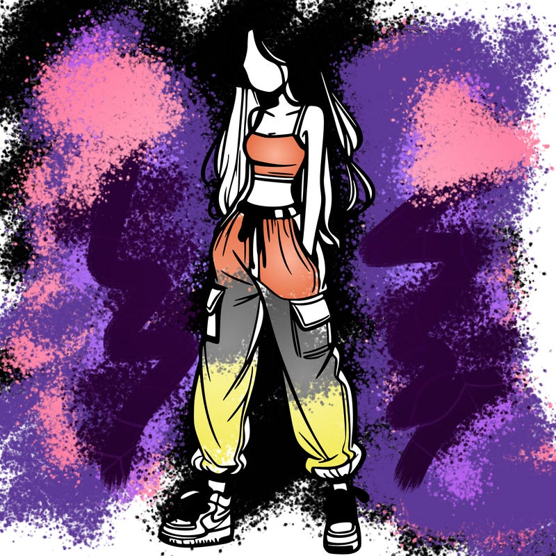 girl in baggy pants crop top and long hair