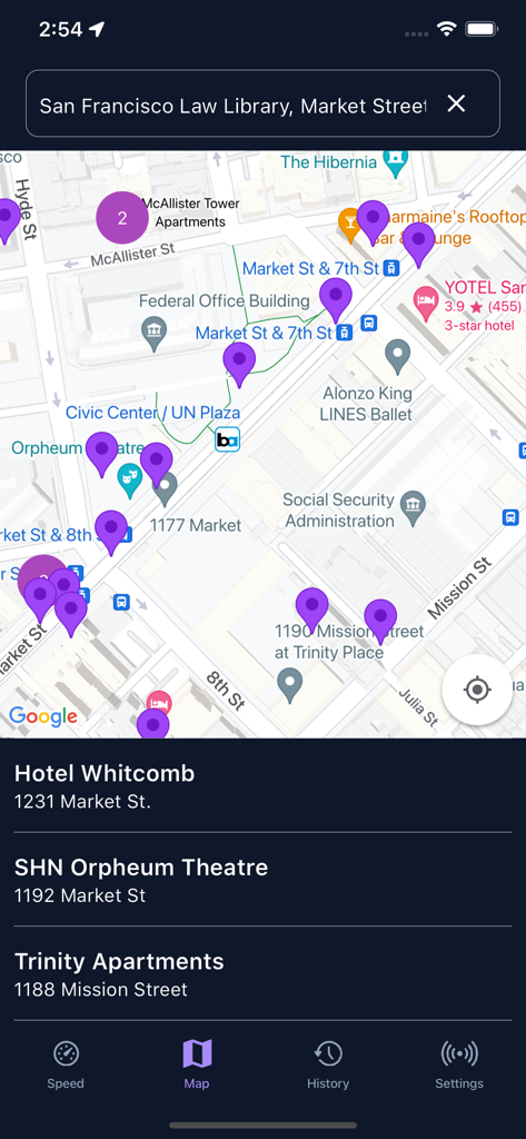WiFi Connect: Internet & Speed - Mobile app screen showing a map with WiFi hotspots and locations in San Francisco