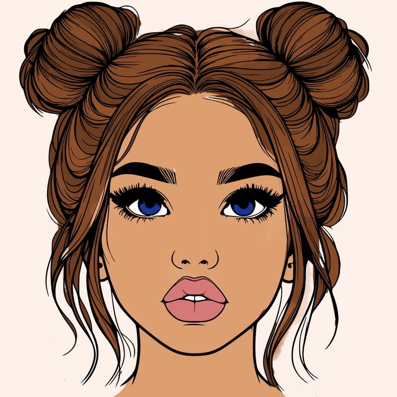 realistic girl with two buns on her hair and lips