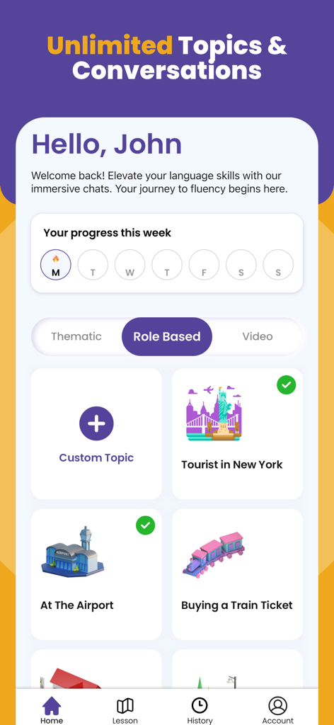 Interfaz de la aplicación BeNative que muestra escenarios de conversación en inglés basados en roles como Turista en Nueva York y En El Aeropuerto.