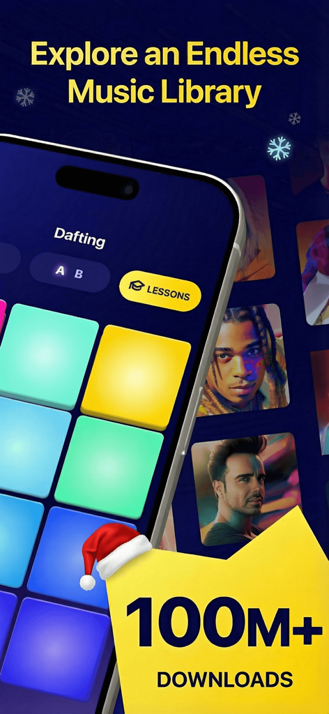 Beat Maker Pro app interface showing colorful digital drum pads and holiday themed graphics