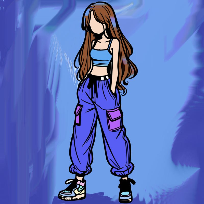 girl in baggy pants crop top and long hair