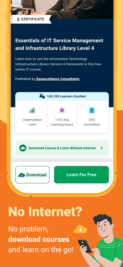 Alison app interface displaying a course overview with an option to download for offline learning
