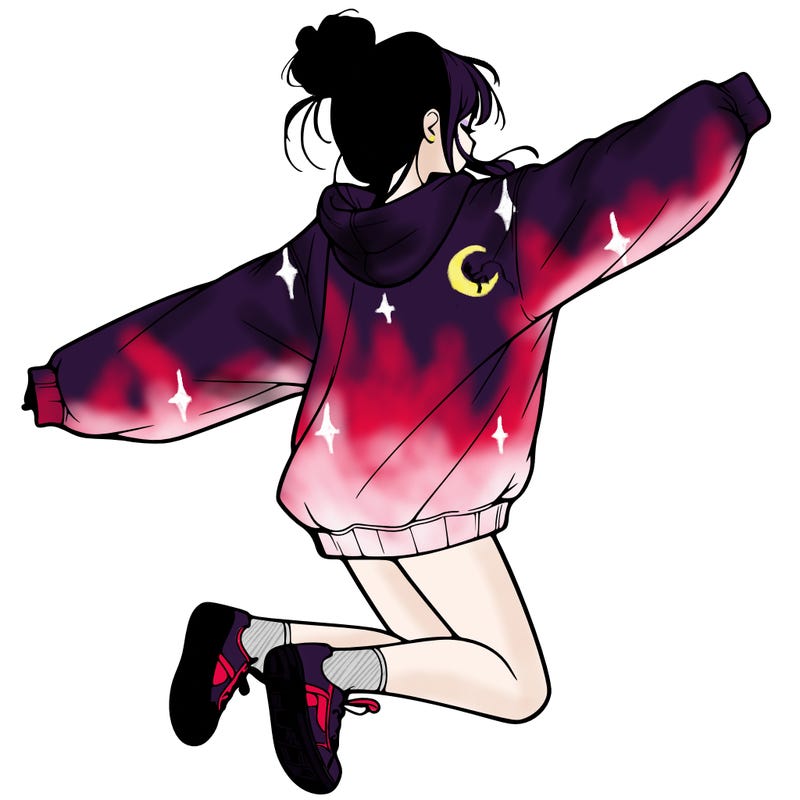 realistic girl jumping with a bun and oversized sweatshirt