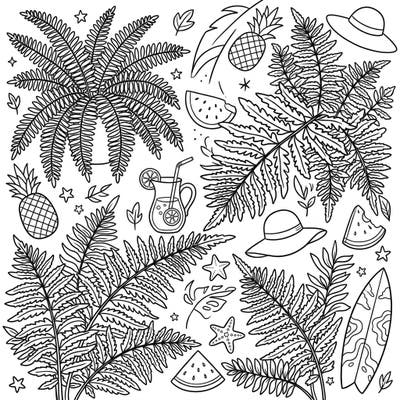Dive into a refreshing coloring experience with this page featuring lush indoor ferns alongside delightful summer elements. Enjoy bringing vibrant life to tropical fruits, cool drinks, and beachy patterns.