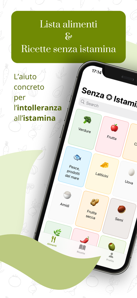 Pantalla de aplicación móvil que muestra categorías de alimentos para una dieta baja en histamina, incluyendo verduras, frutas y pescado