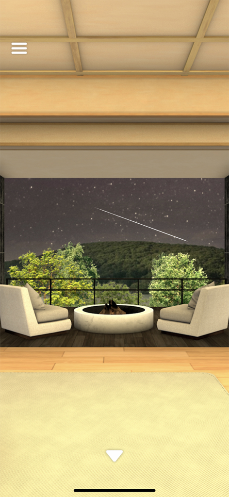 Escape Game: The Lake View - A luxury hotel balcony at night with a fire pit and armchairs under a starry sky with a shooting star