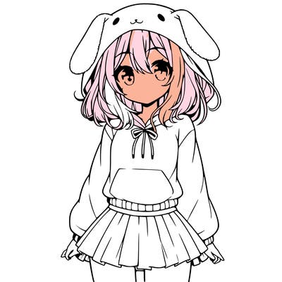 pretty anime girl wearing a fluffy hoodie with bunny ears on the hood and a skirt