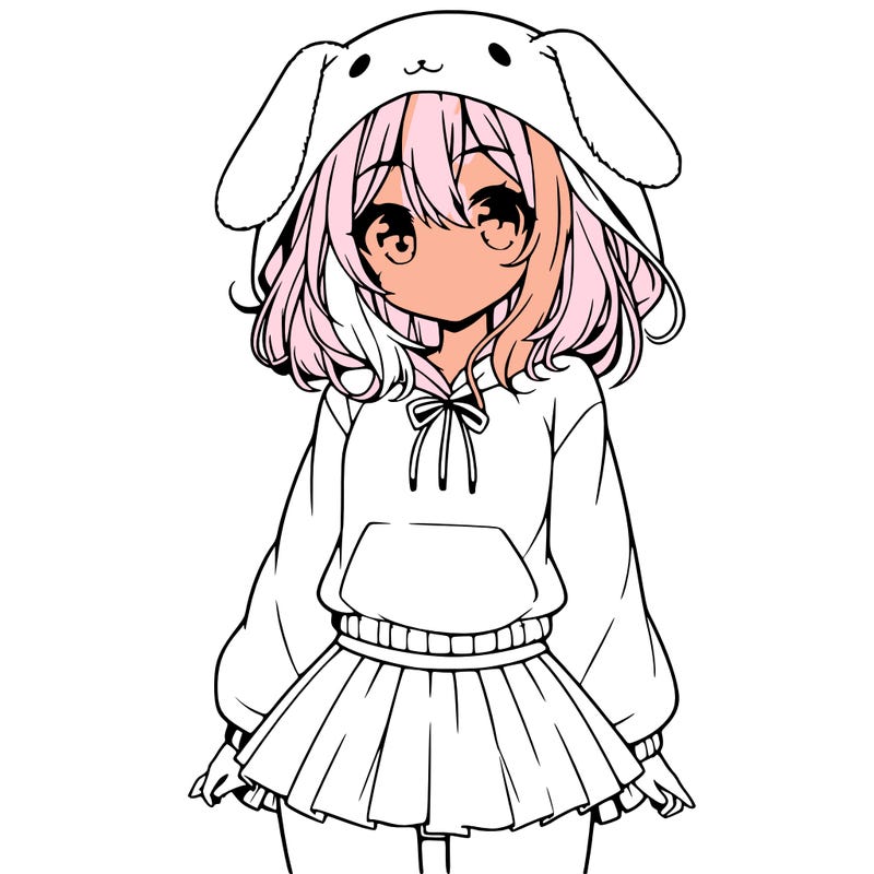 pretty anime girl wearing a fluffy hoodie with bunny ears on the hood and a skirt