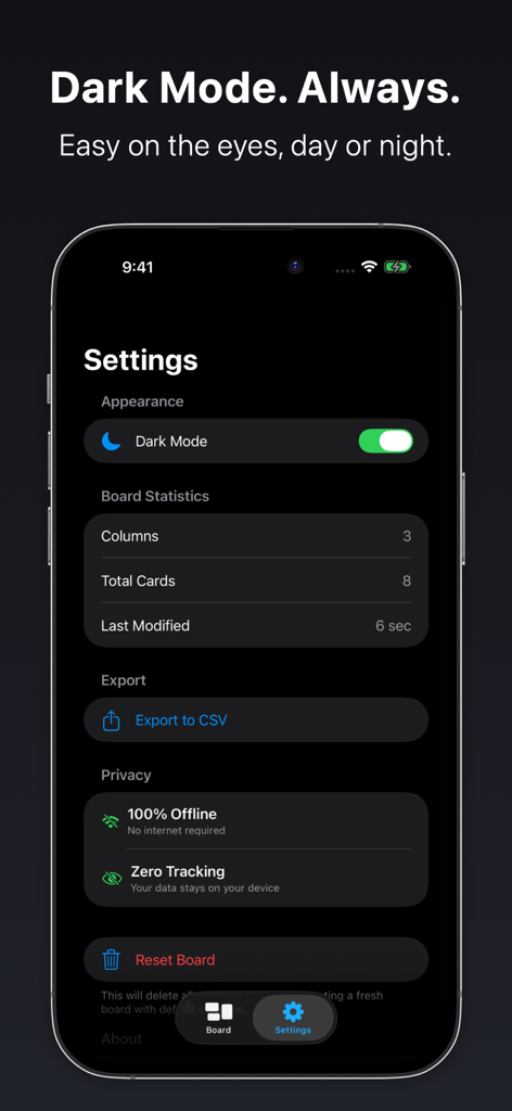 SimpleKanban: Tasks Board - Tela de configurações do aplicativo SimpleKanban mostrando o alternador de modo escuro e opções de privacidade