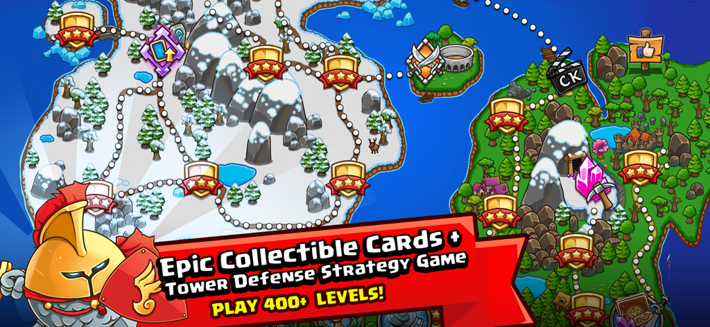 Crazy Kings Tower Defense Game - World map overview of Crazy Kings tower defense game showing multiple levels across snowy and forest islands