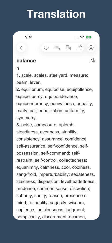 English Synonym Finder - Benutzeroberfläche der Englischen Synonym-Finder-App, die Synonyme für das Wort 'balance' anzeigt.