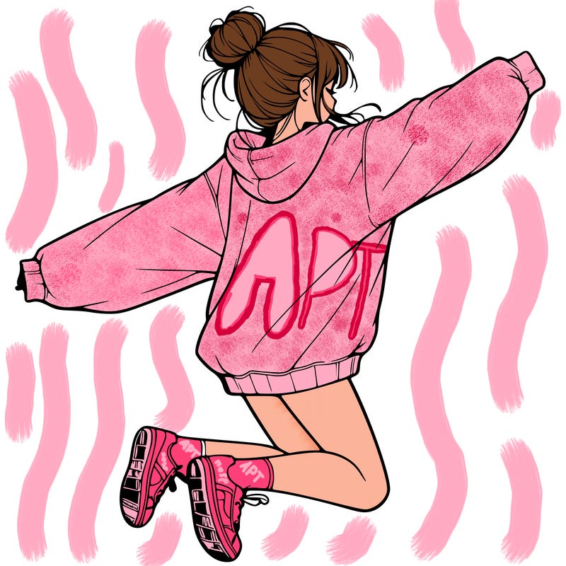 realistic girl jumping with a bun and oversized sweatshirt
