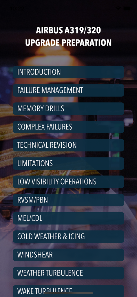 Main menu of the Airbus A320 Command Prep app displaying categories for failure management, memory drills, and technical revision