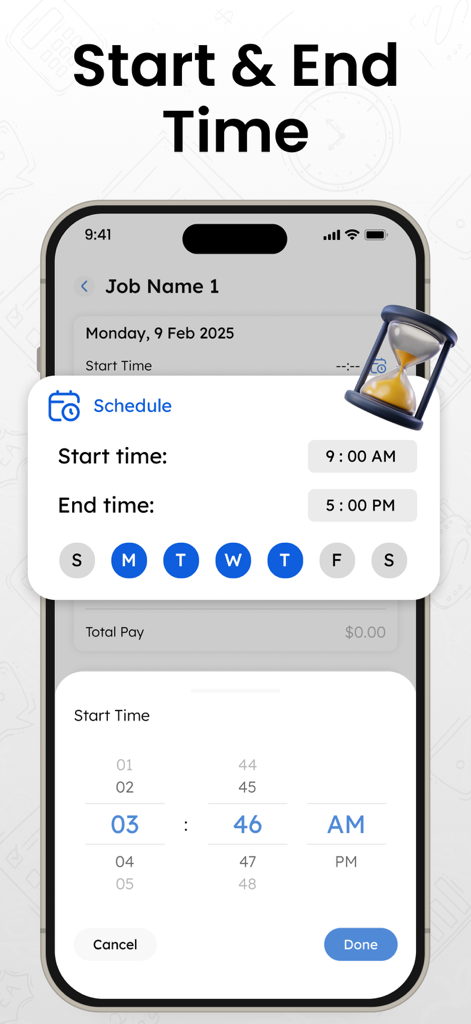Interface de smartphone do aplicativo Rastreador de Horas de Trabalho mostrando um pop-up de configurações de agendamento com horários de início e fim para um trabalho